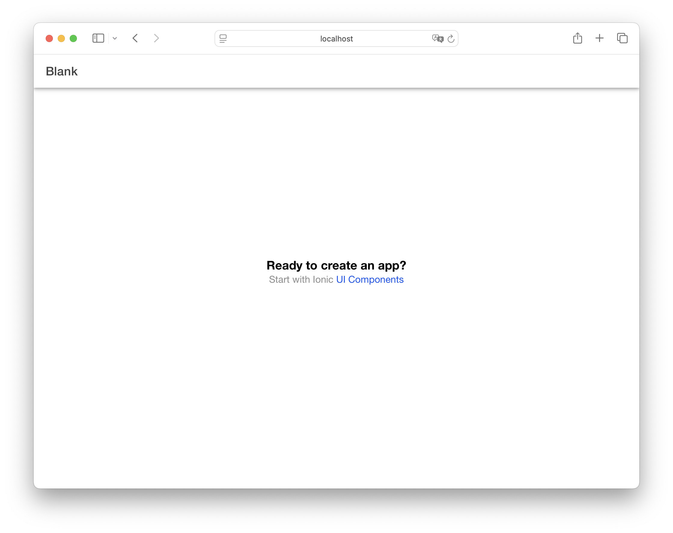 Screenshot of the Ionic React Home page showing the message &quot;Ready to create an app? Start with Ionic UI Components&quot;